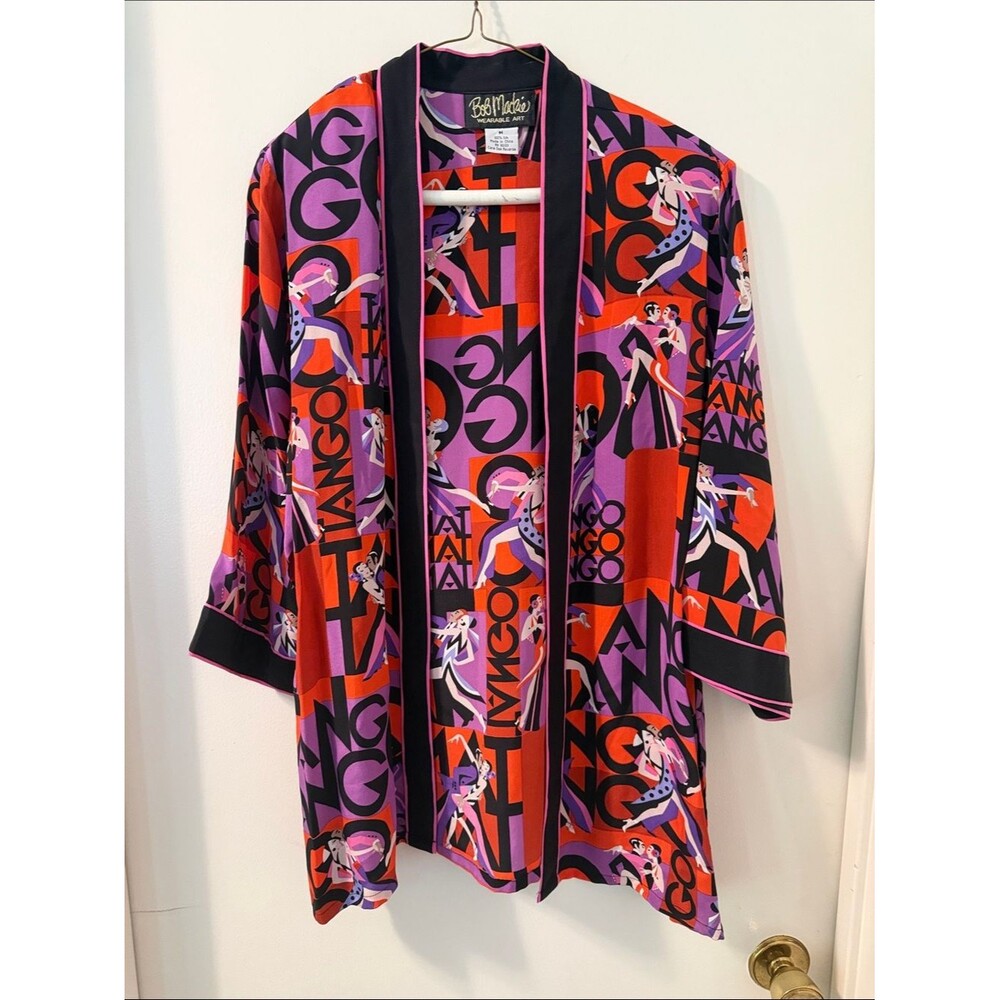 Vintage 80s silk Bob Mackie Red, Purple & Black TANGO Graphic Kimono Sz M
